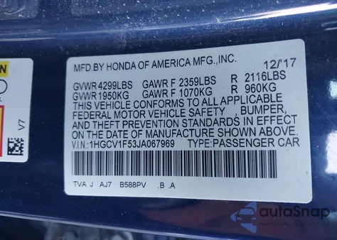 2018 Honda Accord Ex-L from USA, damaged, VIN 1HGCV1F53JA067969